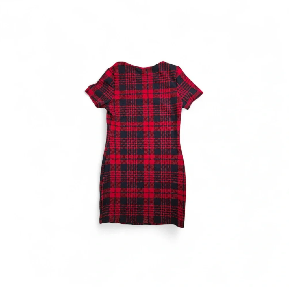 SHEIN Red Black Plaid Bodycon Dress Short Sleeve Round Neck Size L - Picture 3 of 3